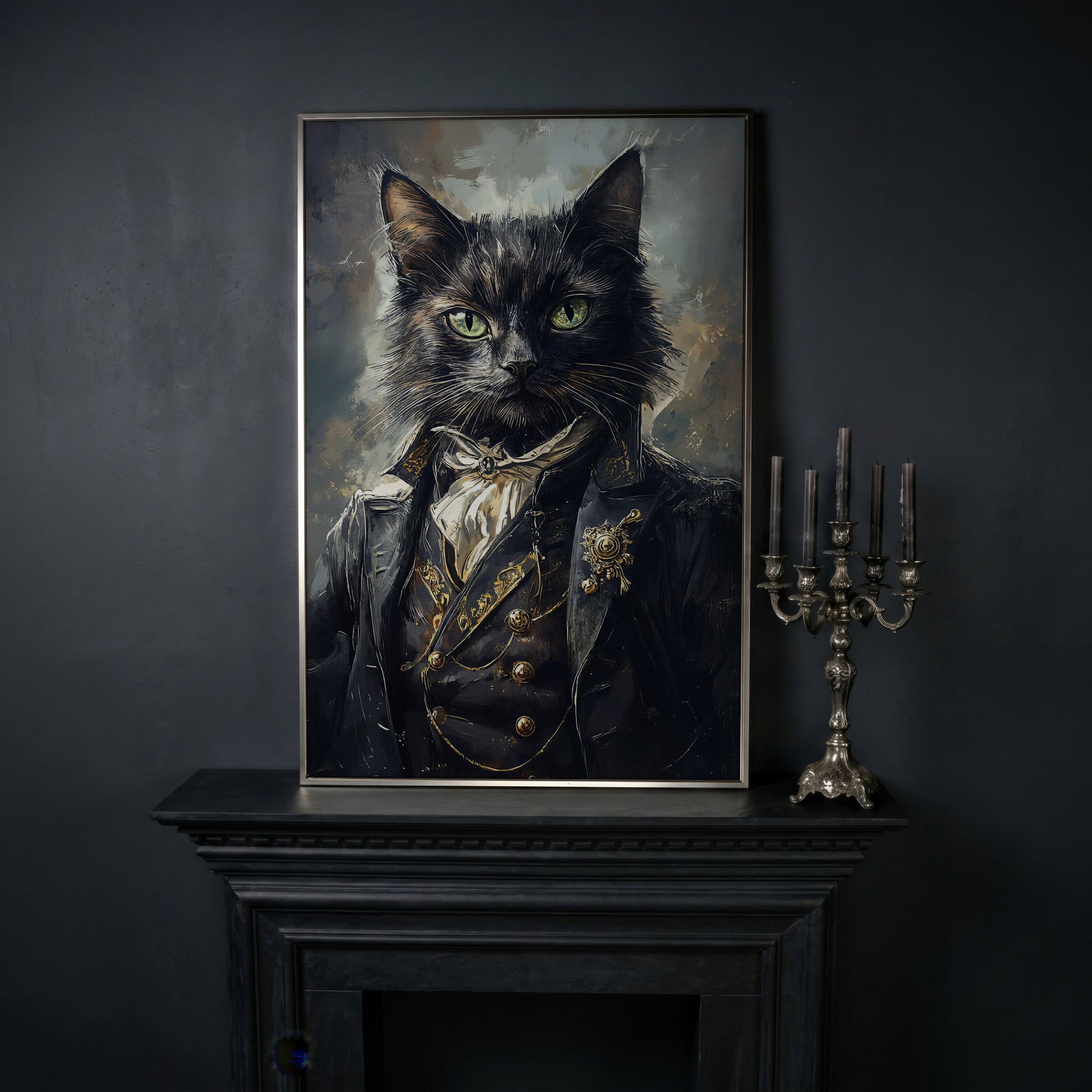 Victorian Black Cat Portrait Canvas Art, Formal Cravat and Jacket in silver floating frame