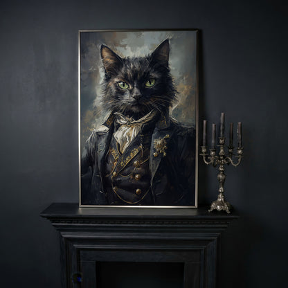Victorian Black Cat Portrait Canvas Art, Formal Cravat and Jacket in silver floating frame
