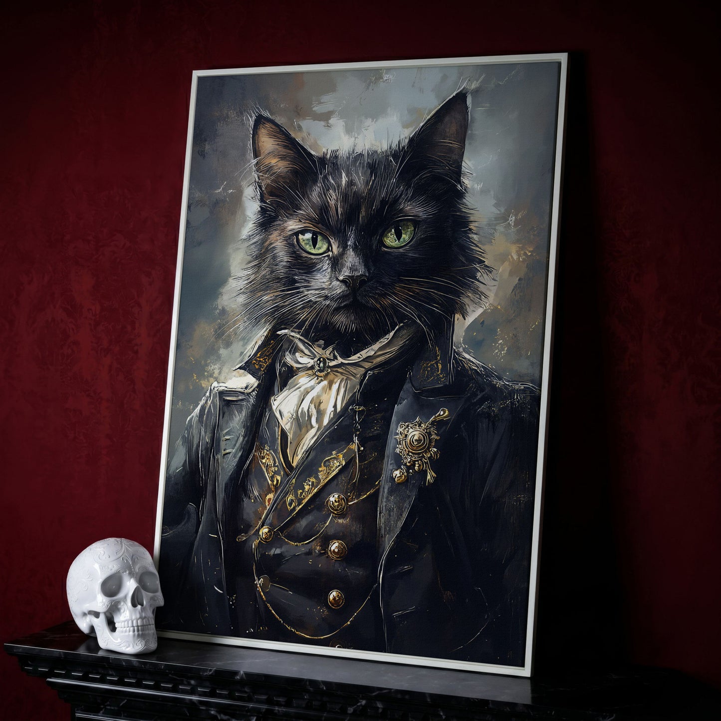 Victorian Black Cat Portrait Canvas Art, Formal Cravat and Jacket in white floating frame