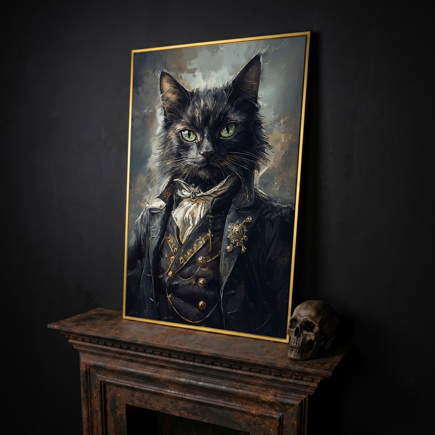 Victorian Black Cat Portrait Canvas Art, Formal Cravat and Jacket in yellow gold floating frame