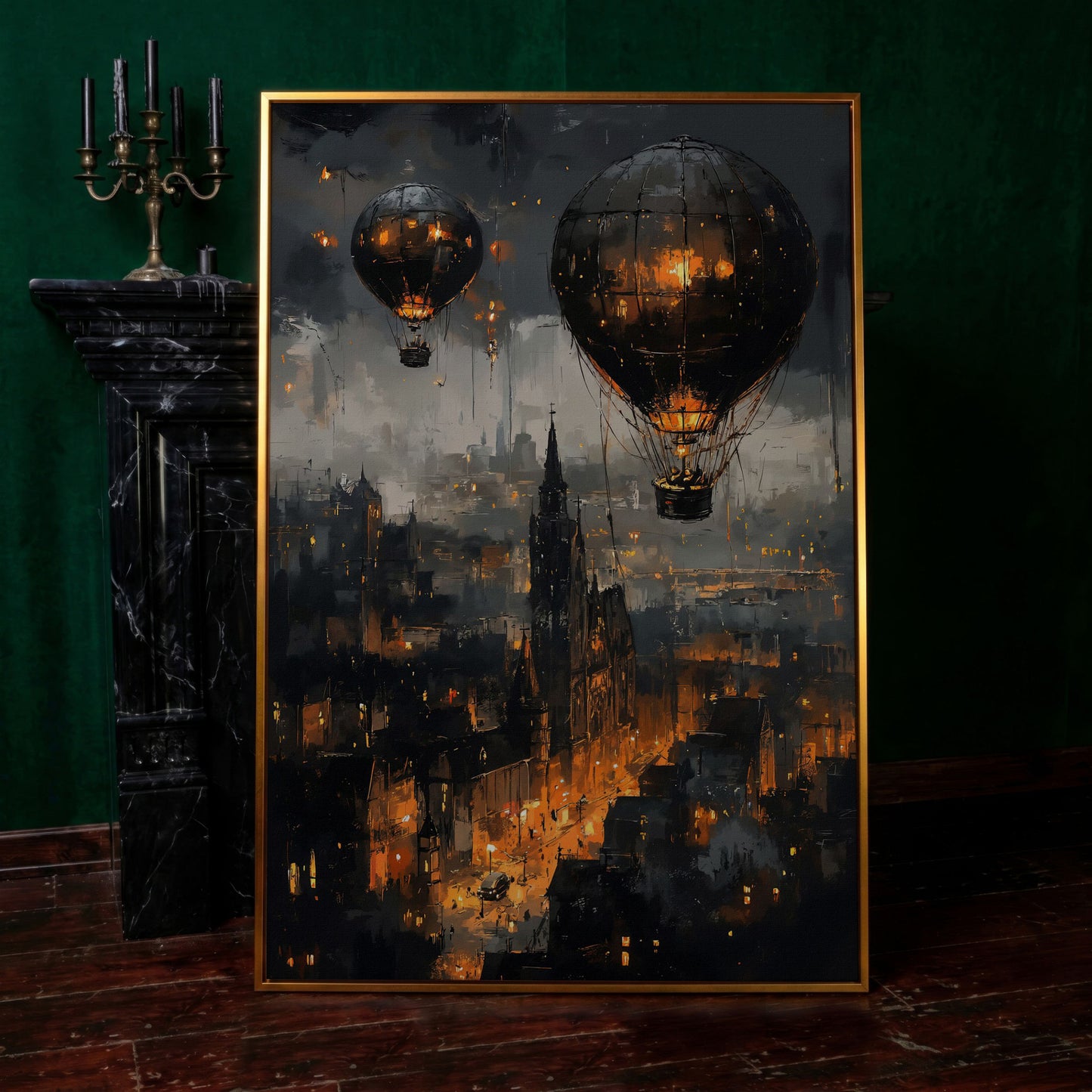 Gothic Night City with Hot Air Balloons Canvas Wall Art in antique gold floating frame