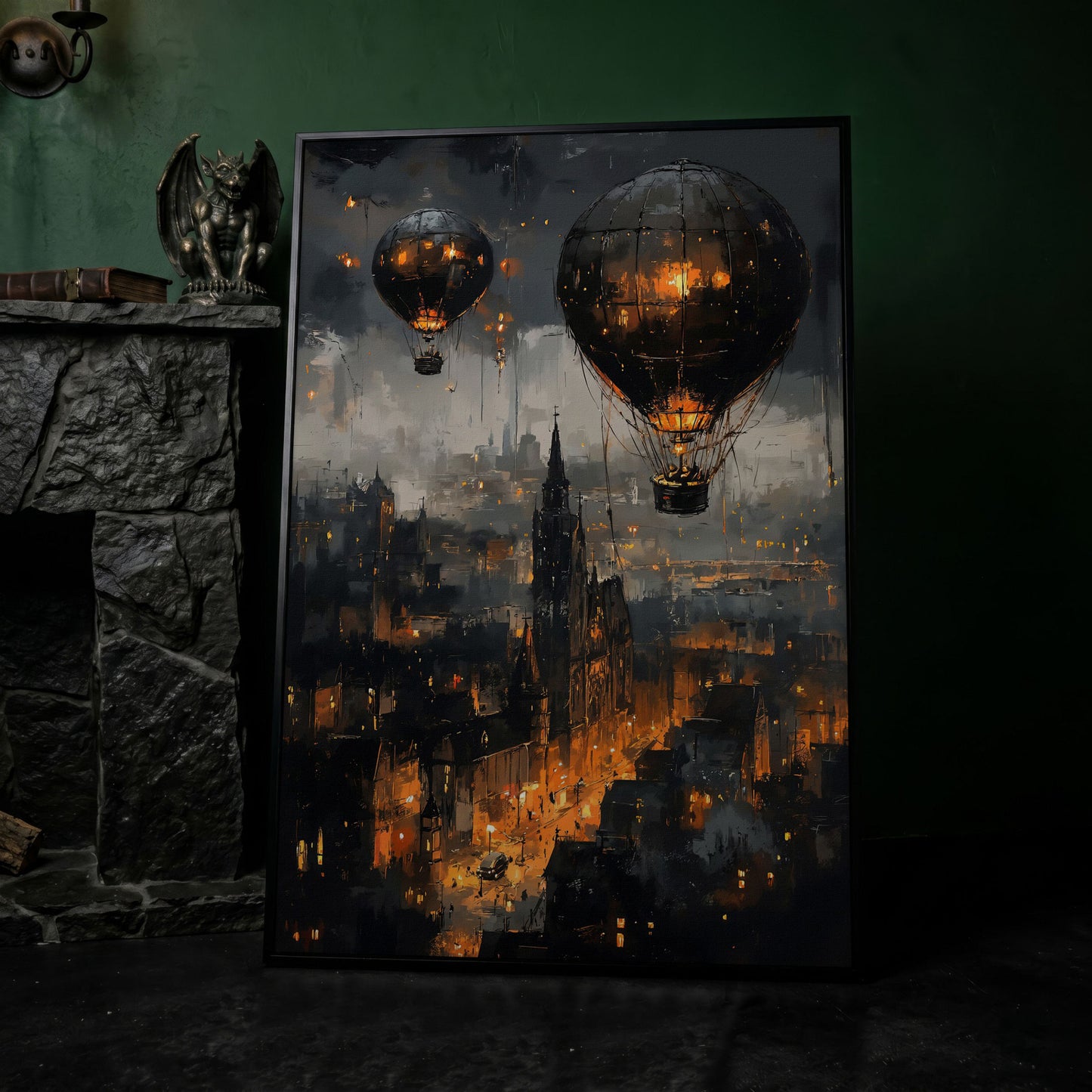 Gothic Night City with Hot Air Balloons Canvas Wall Art in black floating frame