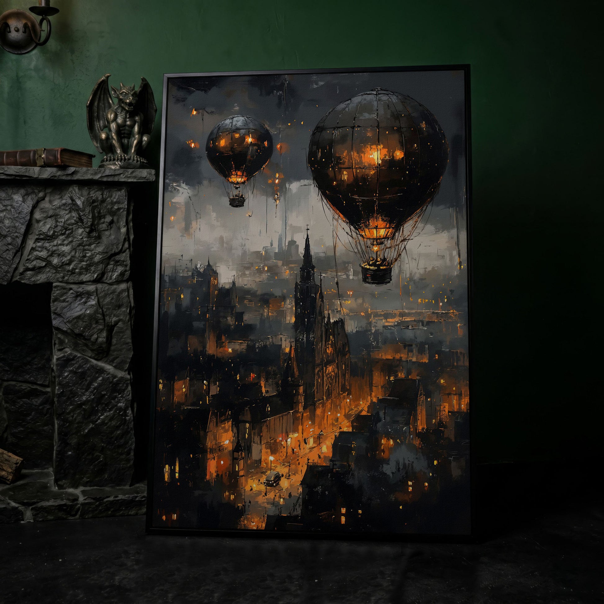Gothic Night City with Hot Air Balloons Canvas Wall Art in black floating frame