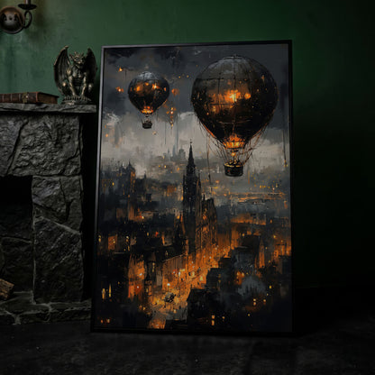 Gothic Night City with Hot Air Balloons Canvas Wall Art in black floating frame