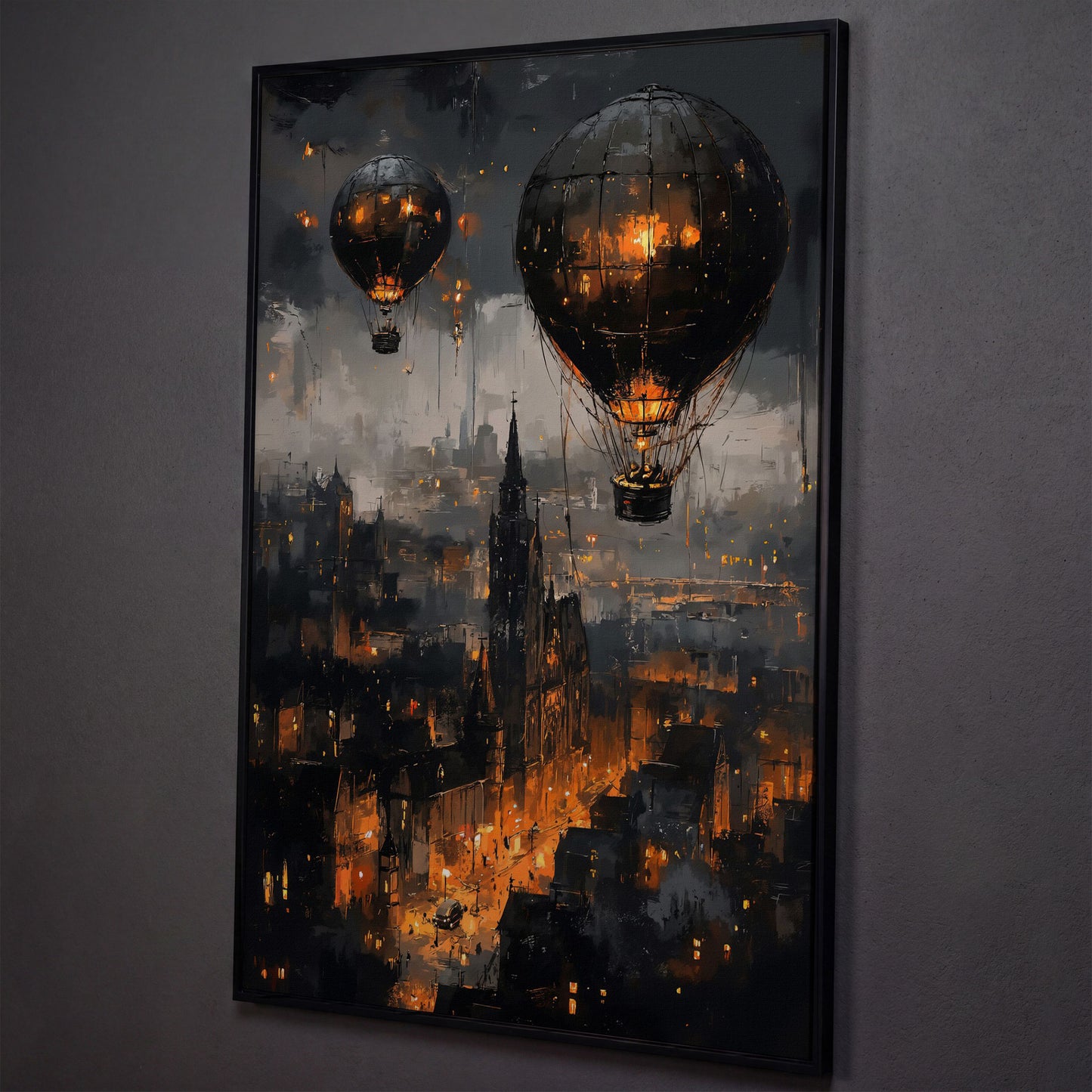 Gothic Night City with Hot Air Balloons Canvas Wall Art shown in black floating frame