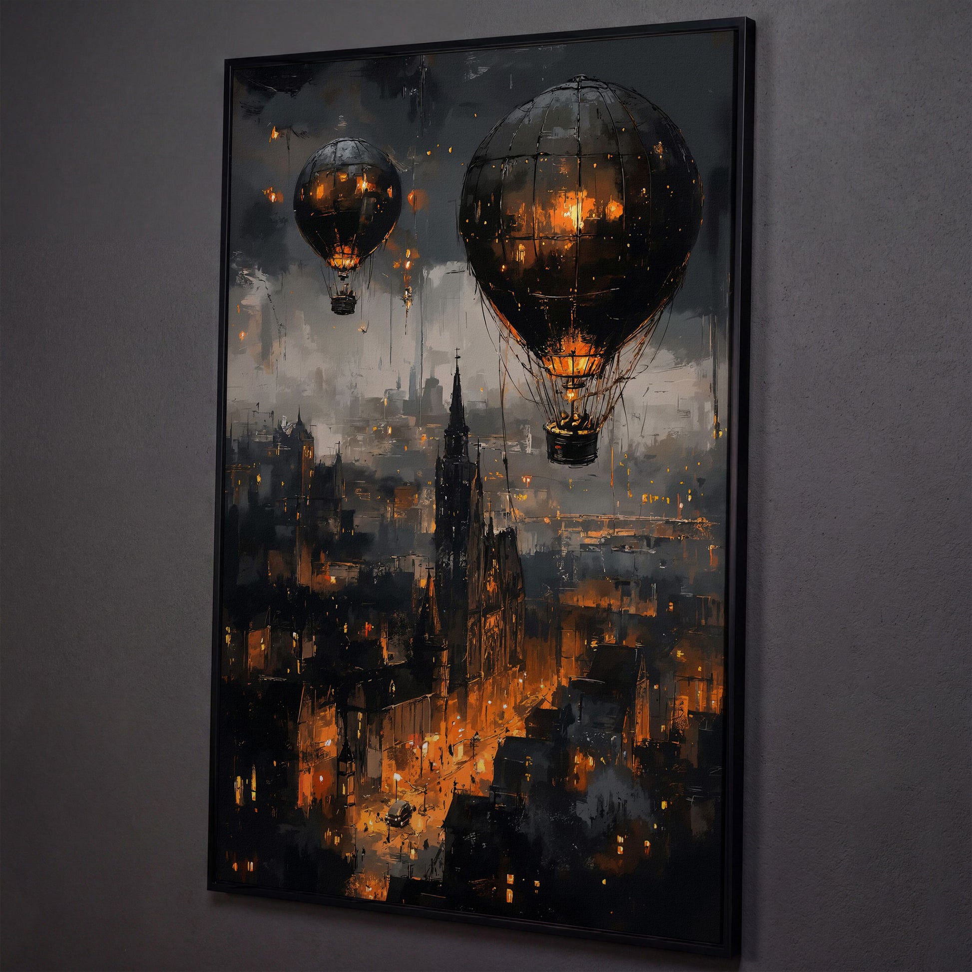 Gothic Night City with Hot Air Balloons Canvas Wall Art shown in black floating frame