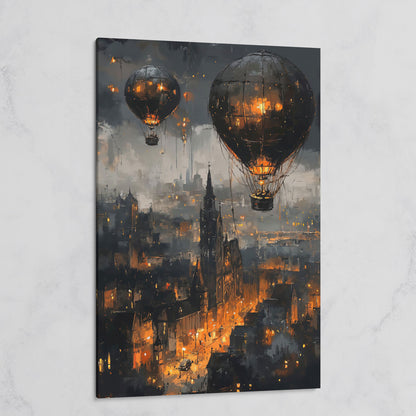 Gothic Night City with Hot Air Balloons Canvas Wall Art on gallery wrap