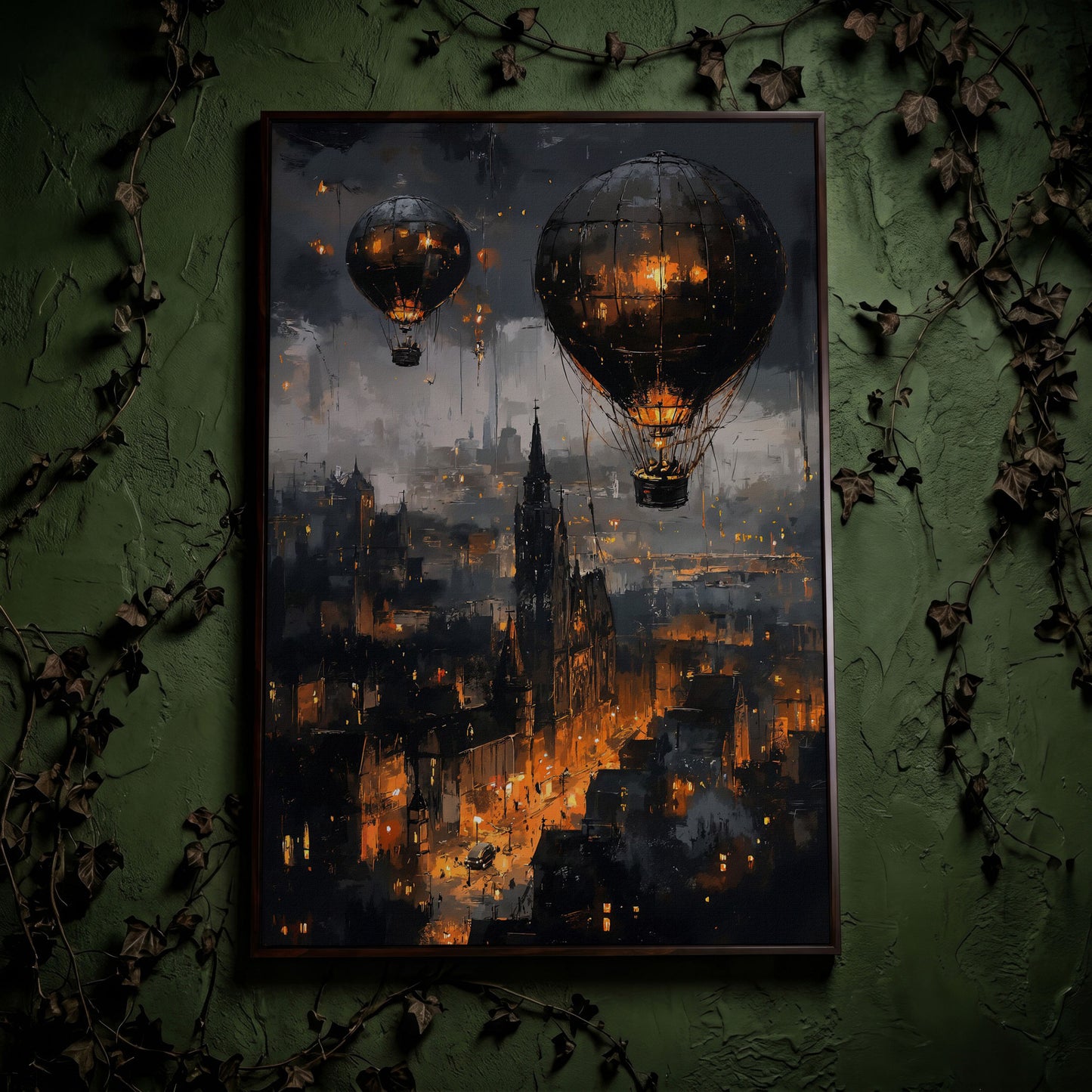 Gothic Night City with Hot Air Balloons Canvas Wall Art in dark walnut floating frame