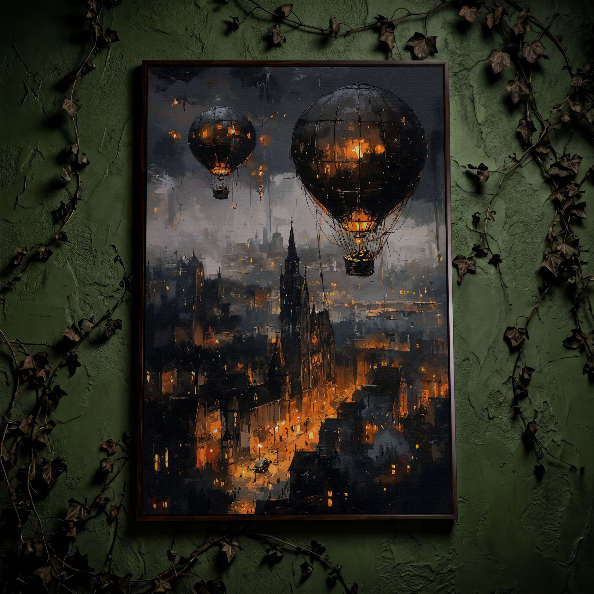 Gothic Night City with Hot Air Balloons Canvas Wall Art in dark walnut floating frame