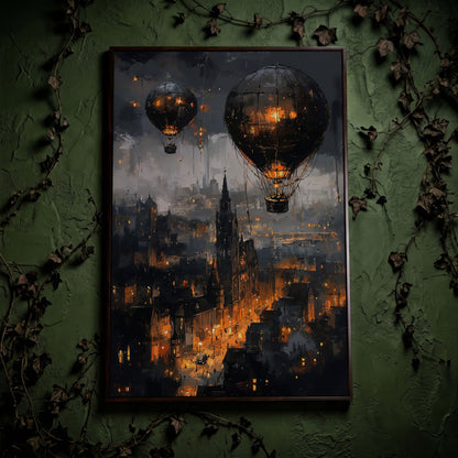 Gothic Night City with Hot Air Balloons Canvas Wall Art in dark walnut floating frame