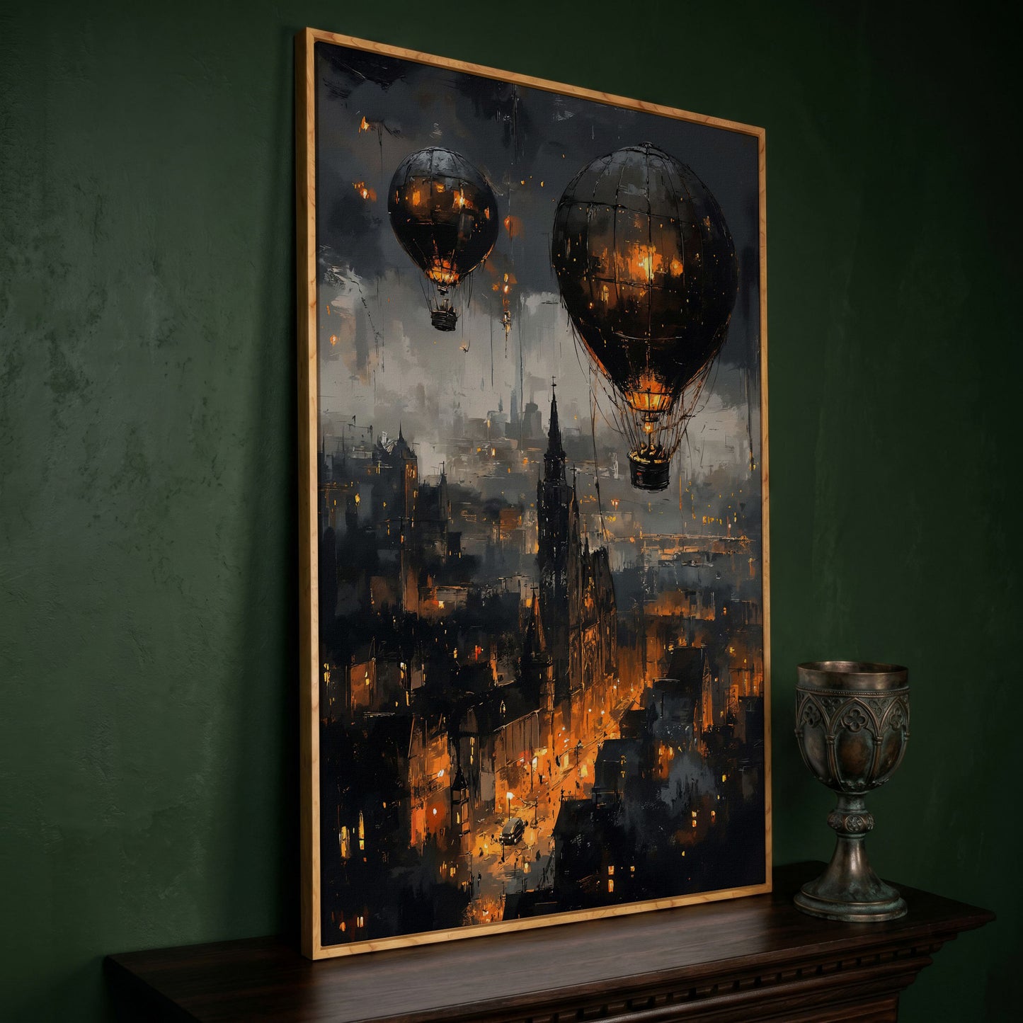Gothic Night City with Hot Air Balloons Canvas Wall Art in white oak floating frame