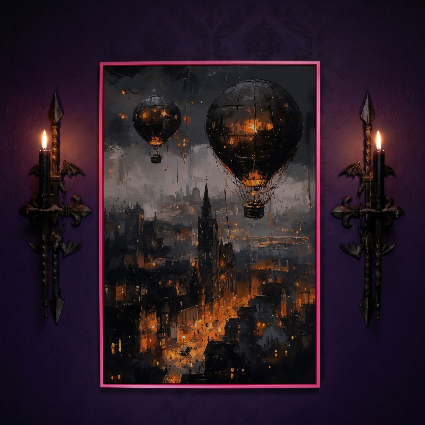 Gothic Night City with Hot Air Balloons Canvas Wall Art in pink floating frame