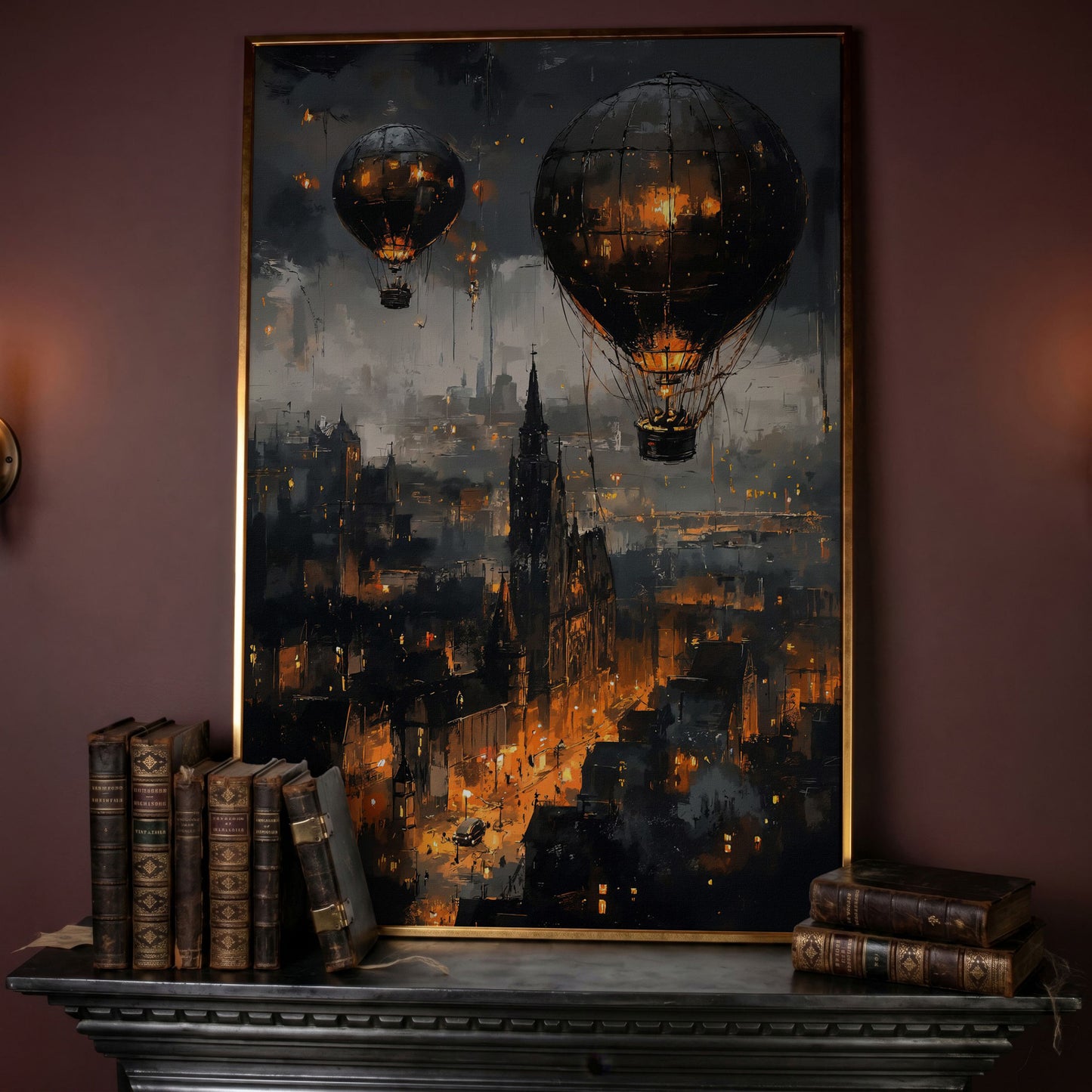 Gothic Night City with Hot Air Balloons Canvas Wall Art in rose gold floating frame