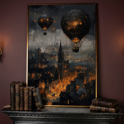 Gothic Night City with Hot Air Balloons Canvas Wall Art in rose gold floating frame