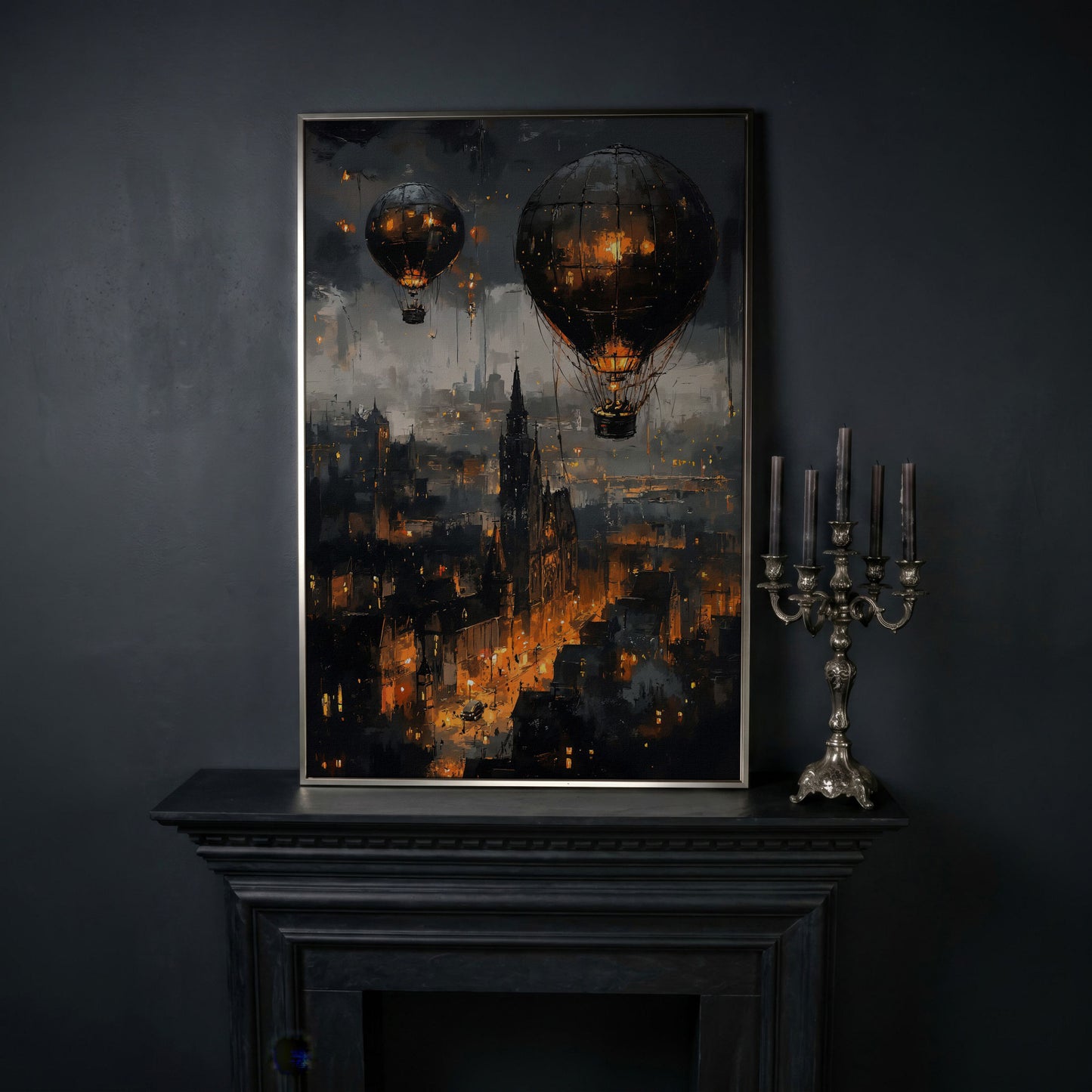 Gothic Night City with Hot Air Balloons Canvas Wall Art in silver floating frame