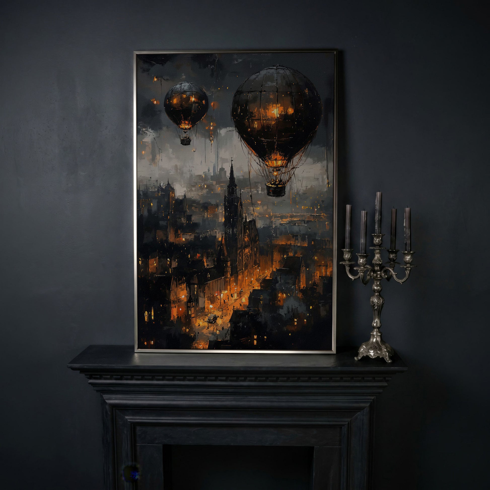 Gothic Night City with Hot Air Balloons Canvas Wall Art in silver floating frame