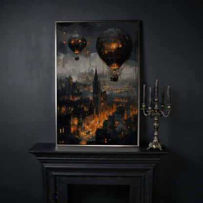 Gothic Night City with Hot Air Balloons Canvas Wall Art in silver floating frame