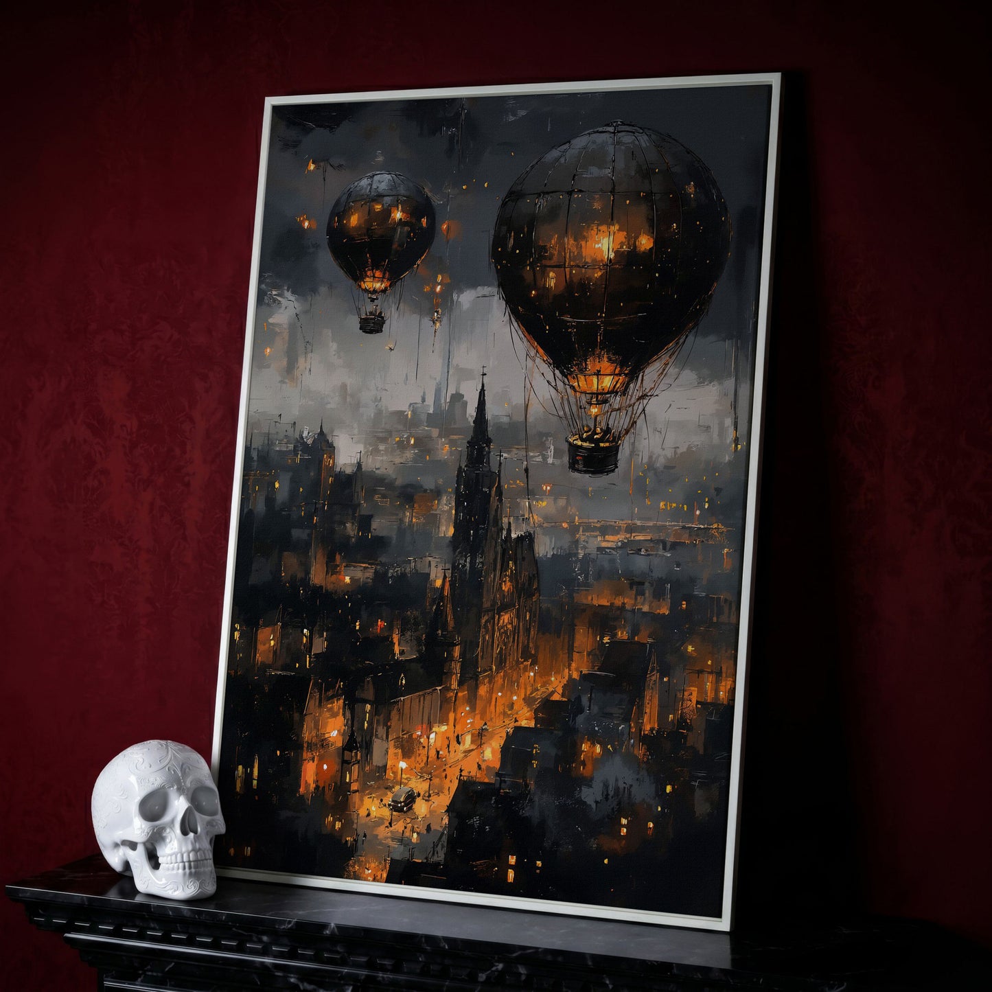 Gothic Night City with Hot Air Balloons Canvas Wall Art in white floating frame