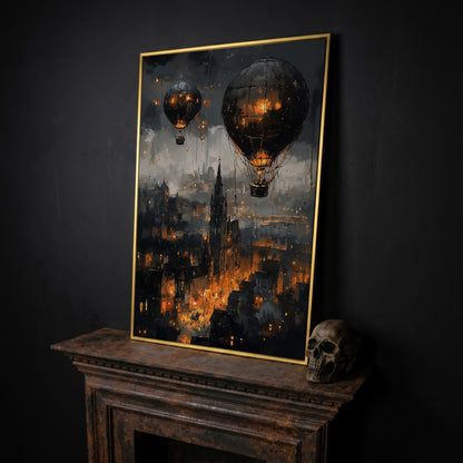 Gothic Night City with Hot Air Balloons Canvas Wall Art in yellow gold floating frame