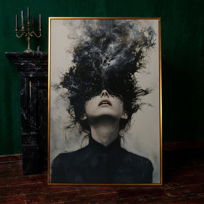 Dark Abstract Woman Portrait Canvas Art, Smoke Burst in antique gold floating frame