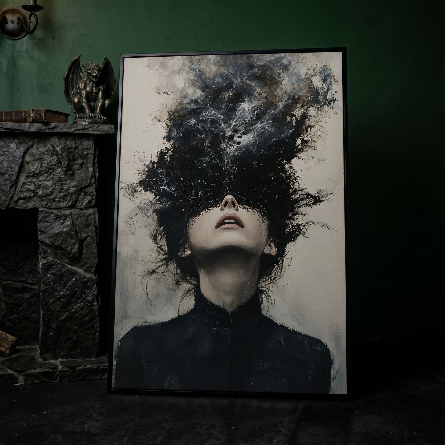 Dark Abstract Woman Portrait Canvas Art, Smoke Burst in black floating frame