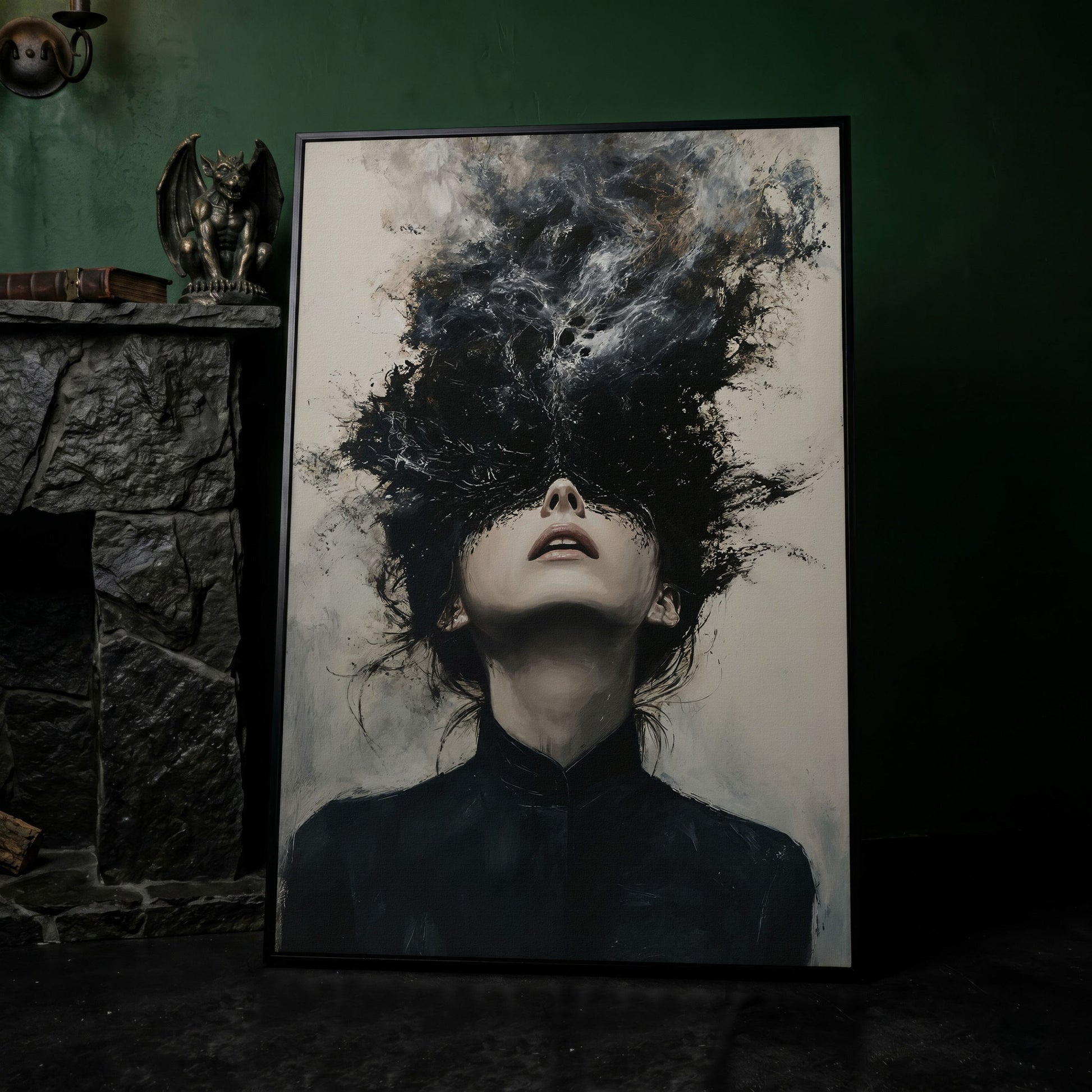 Dark Abstract Woman Portrait Canvas Art, Smoke Burst in black floating frame