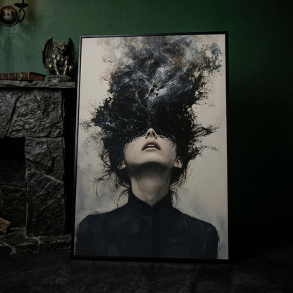 Dark Abstract Woman Portrait Canvas Art, Smoke Burst in black floating frame