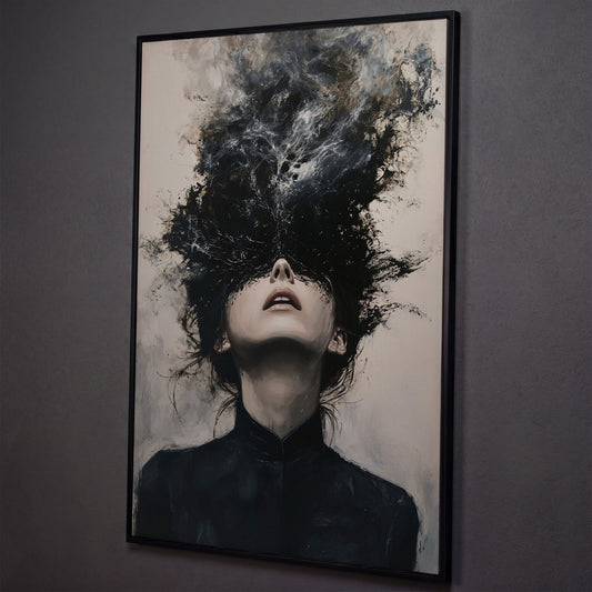 Dark Abstract Woman Portrait Canvas Art, Smoke Burst shown in black floating frame