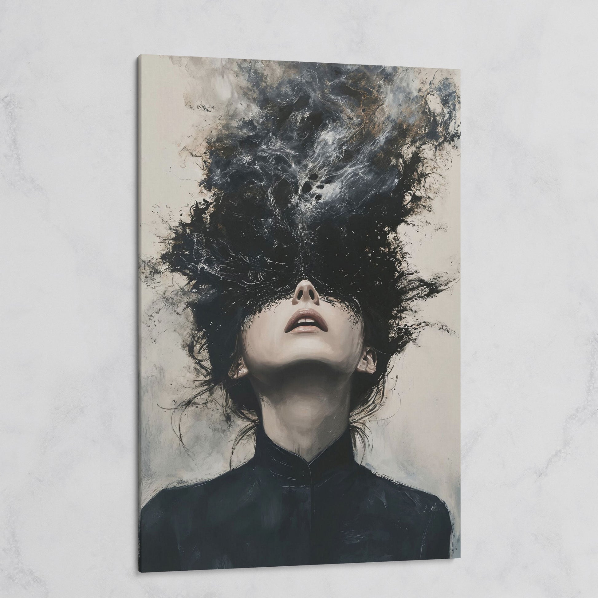 Dark Abstract Woman Portrait Canvas Art, Smoke Burst on gallery wrap