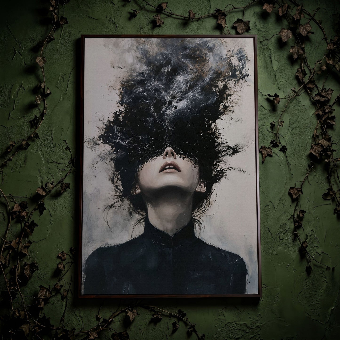 Dark Abstract Woman Portrait Canvas Art, Smoke Burst in dark walnut floating frame