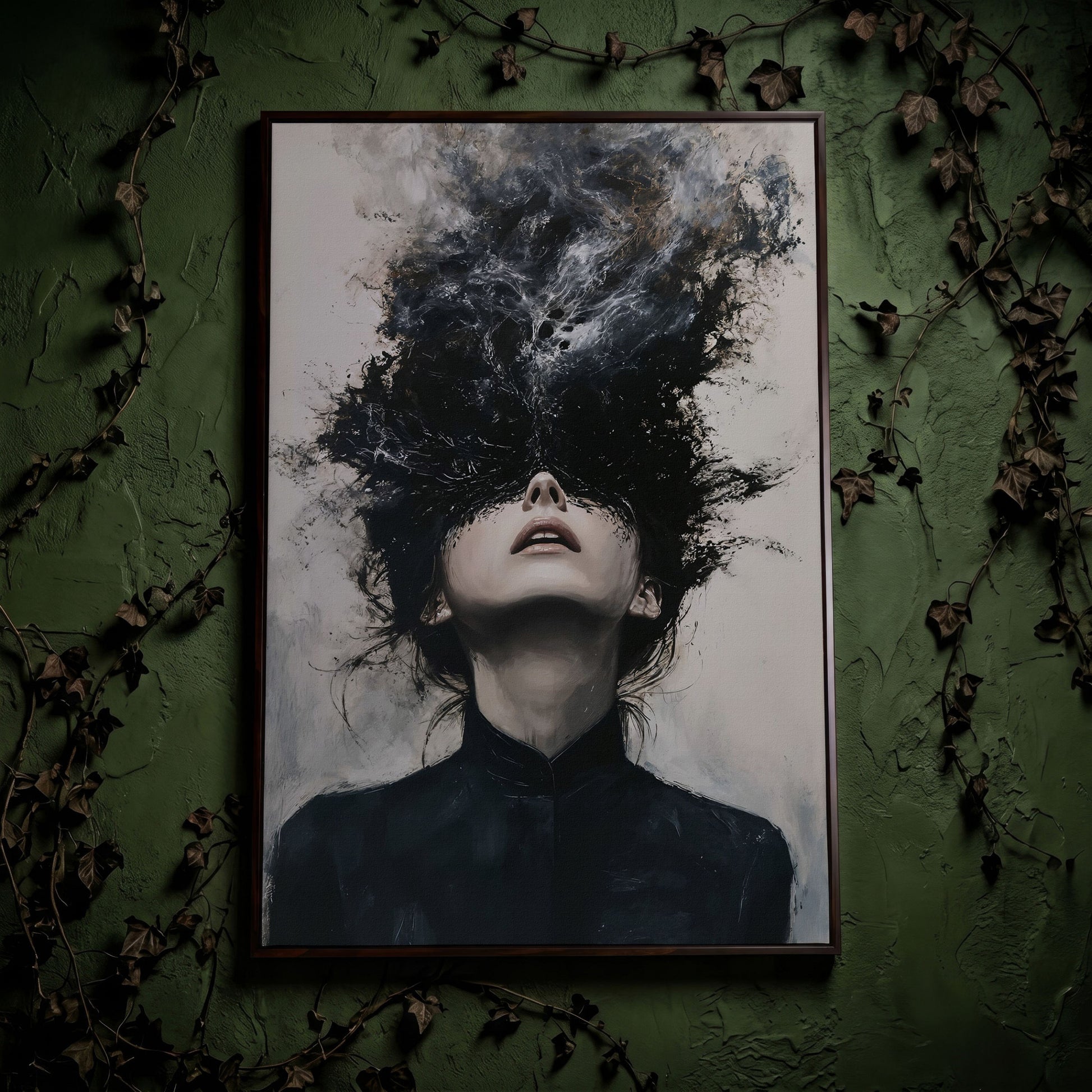 Dark Abstract Woman Portrait Canvas Art, Smoke Burst in dark walnut floating frame
