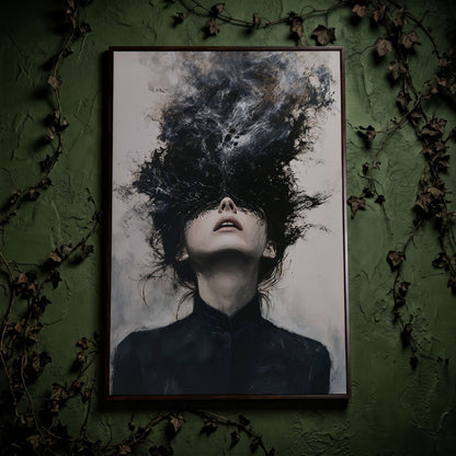 Dark Abstract Woman Portrait Canvas Art, Smoke Burst in dark walnut floating frame