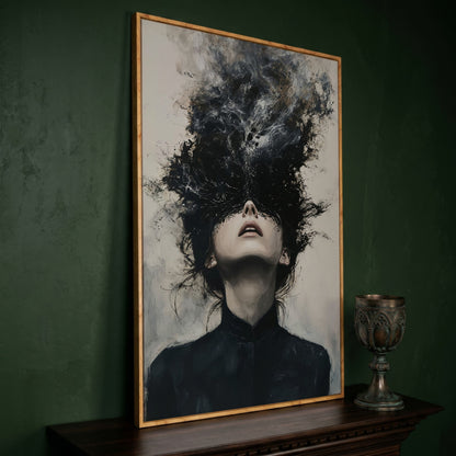 Dark Abstract Woman Portrait Canvas Art, Smoke Burst in white oak floating frame