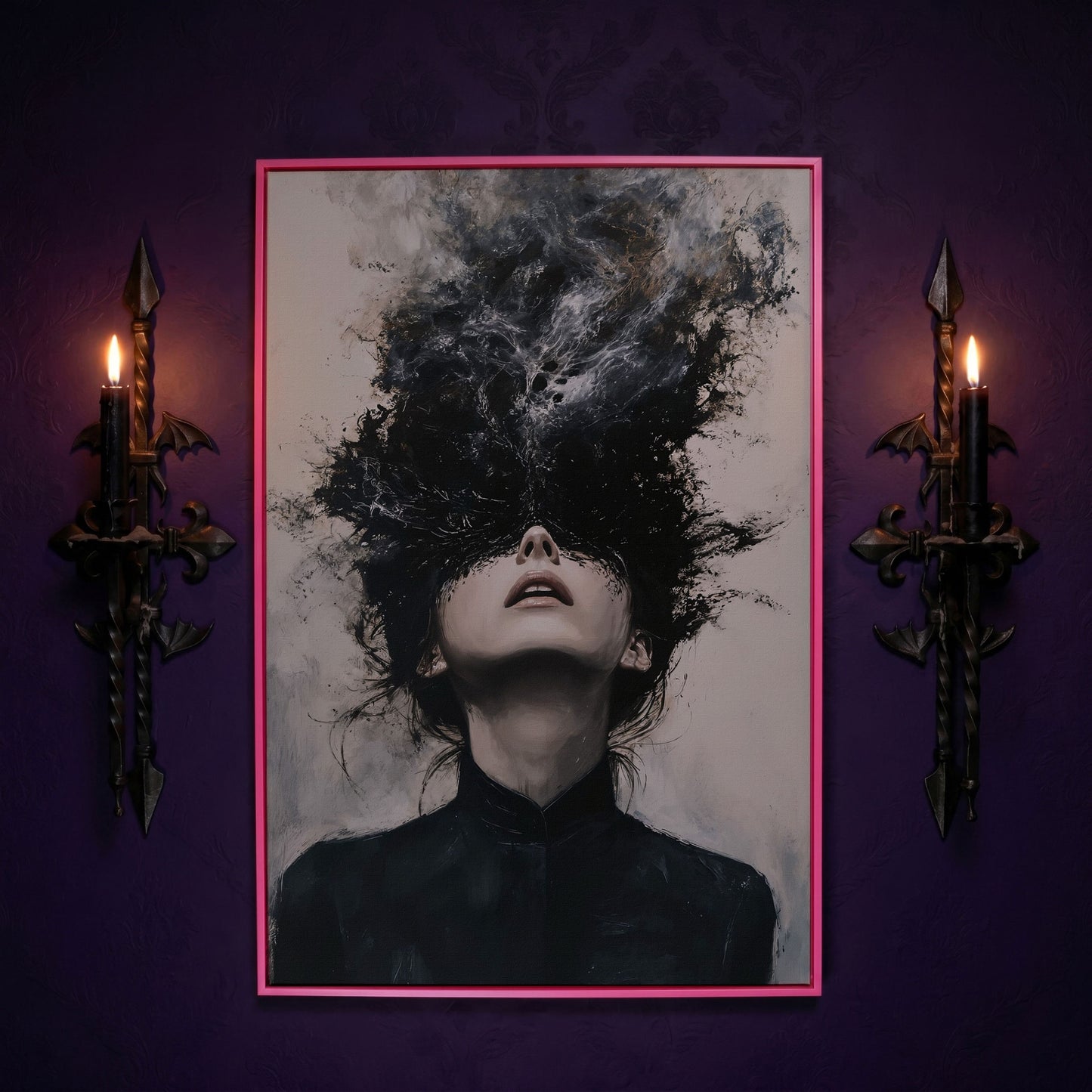 Dark Abstract Woman Portrait Canvas Art, Smoke Burst in pink floating frame
