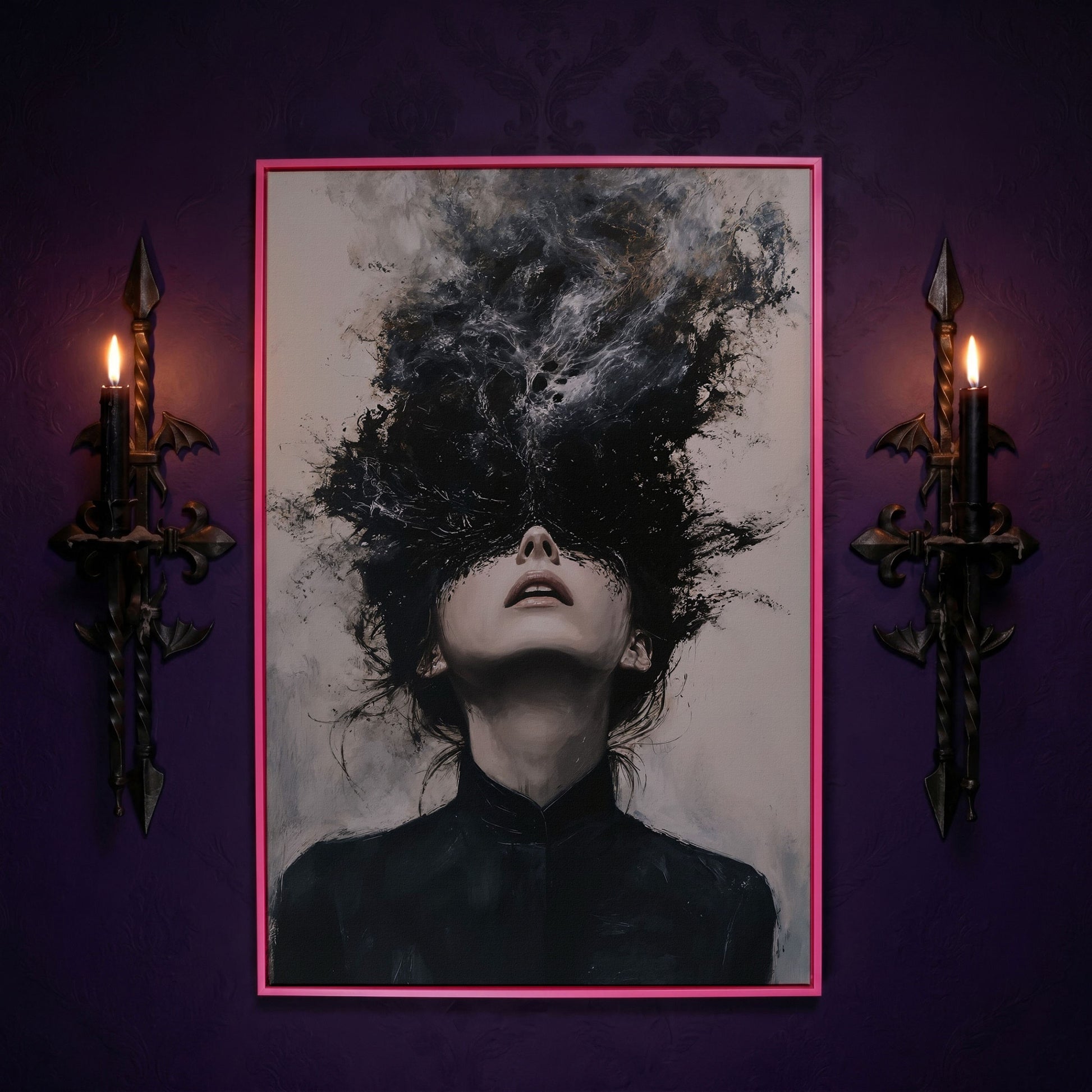 Dark Abstract Woman Portrait Canvas Art, Smoke Burst in pink floating frame
