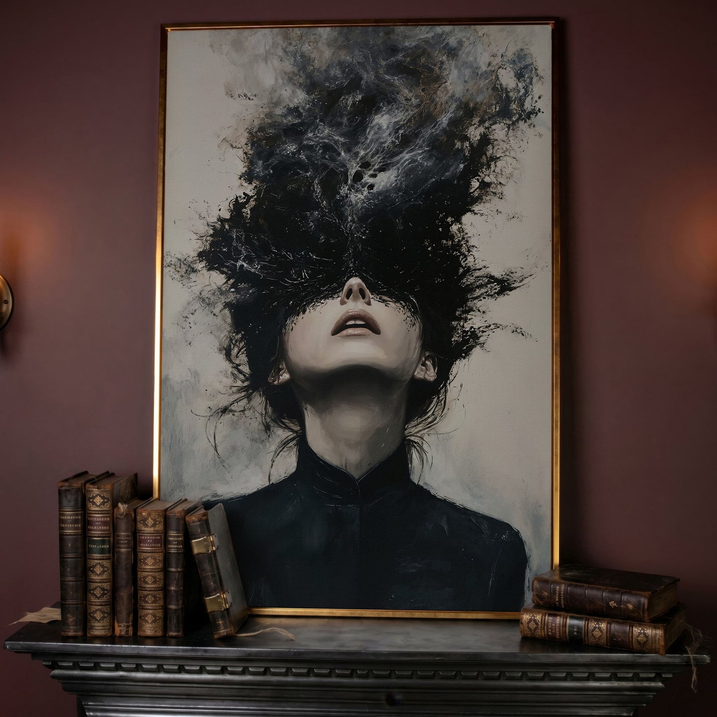 Dark Abstract Woman Portrait Canvas Art, Smoke Burst in rose gold floating frame