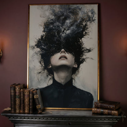 Dark Abstract Woman Portrait Canvas Art, Smoke Burst in rose gold floating frame