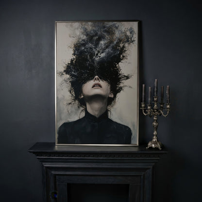 Dark Abstract Woman Portrait Canvas Art, Smoke Burst in silver floating frame