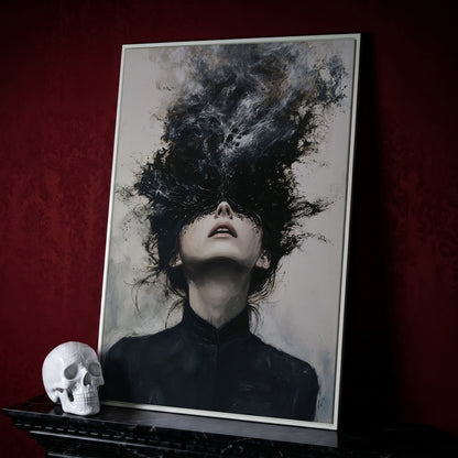 Dark Abstract Woman Portrait Canvas Art, Smoke Burst in white floating frame