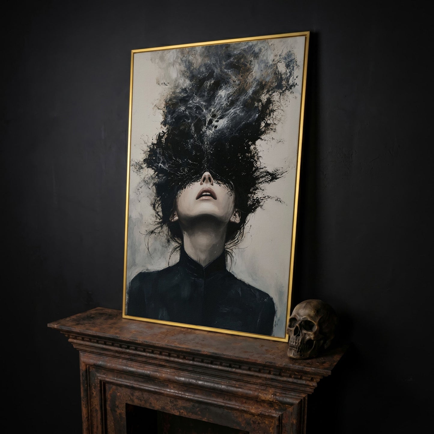 Dark Abstract Woman Portrait Canvas Art, Smoke Burst in yellow gold floating frame