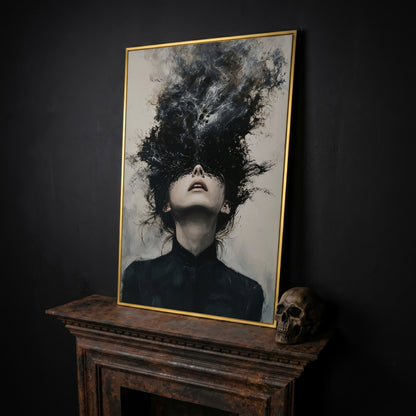Dark Abstract Woman Portrait Canvas Art, Smoke Burst in yellow gold floating frame