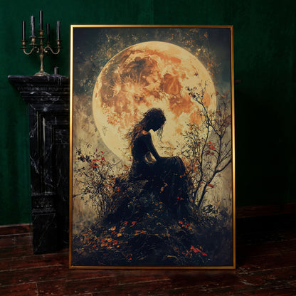 Moonlit Girl and Butterflies Silhouette Canvas Art in antique gold floating frame