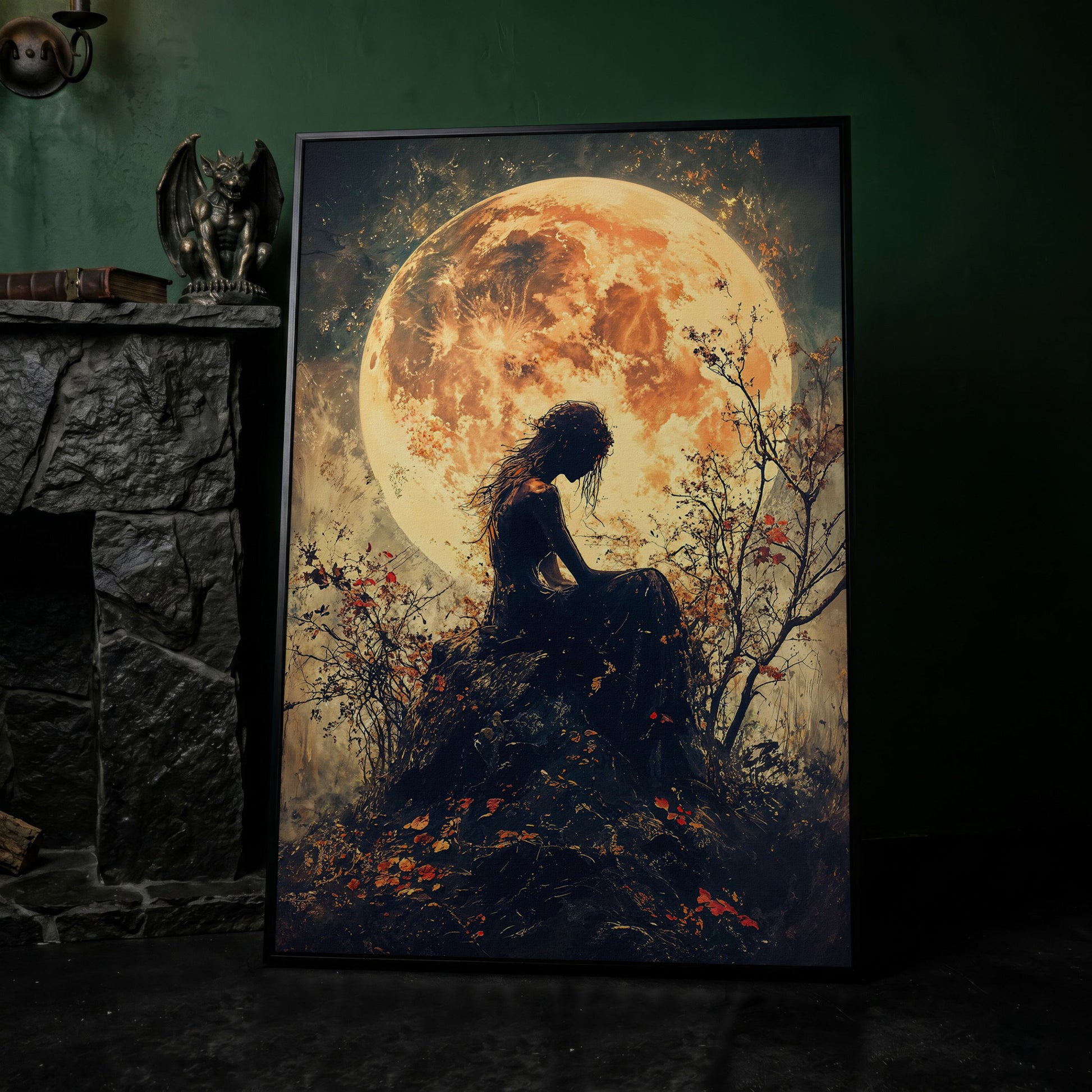 Moonlit Girl and Butterflies Silhouette Canvas Art in black floating frame