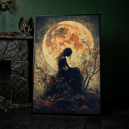 Moonlit Girl and Butterflies Silhouette Canvas Art in black floating frame