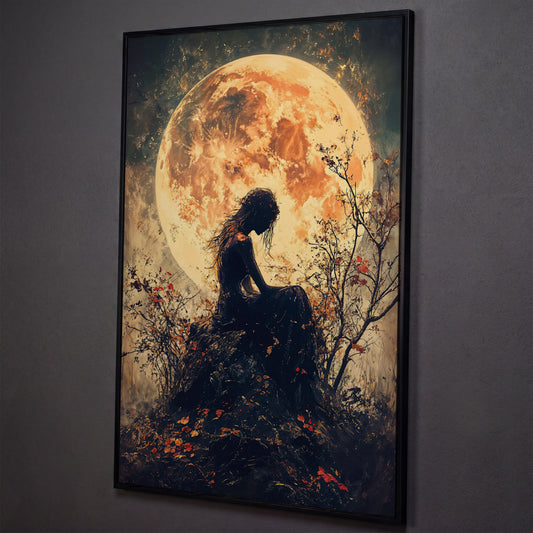 Moonlit Girl and Butterflies Silhouette Canvas Art shown in black floating frame