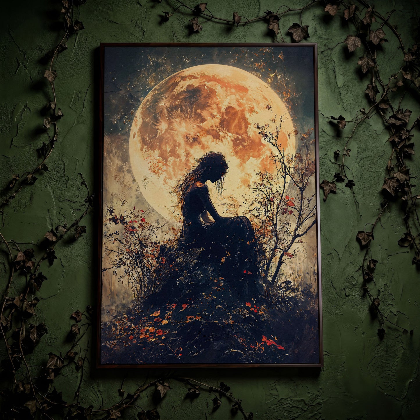 Moonlit Girl and Butterflies Silhouette Canvas Art in dark walnut floating frame