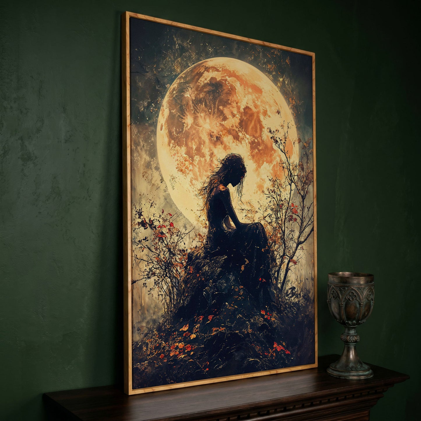 Moonlit Girl and Butterflies Silhouette Canvas Art in white oak floating frame