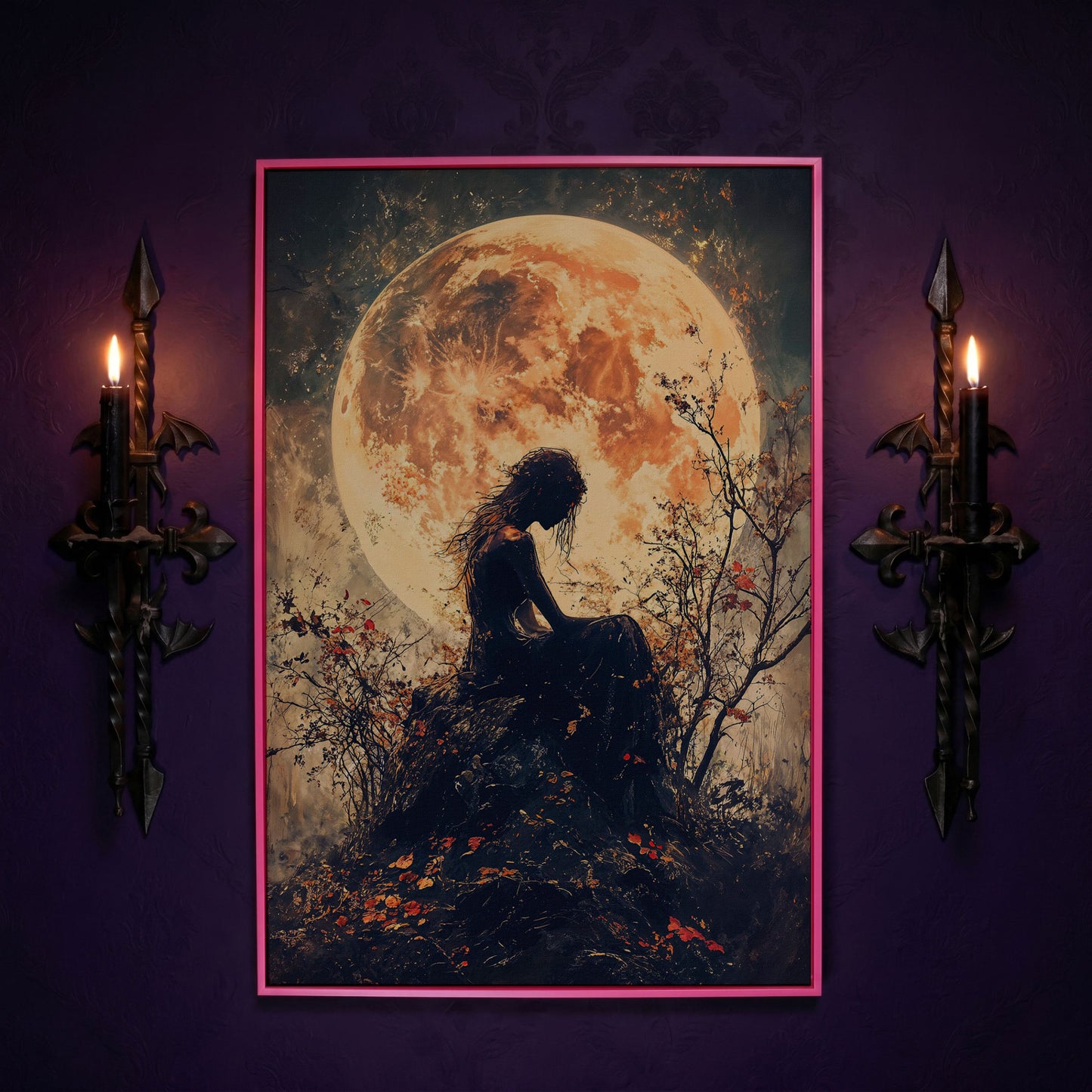 Moonlit Girl and Butterflies Silhouette Canvas Art in pink floating frame