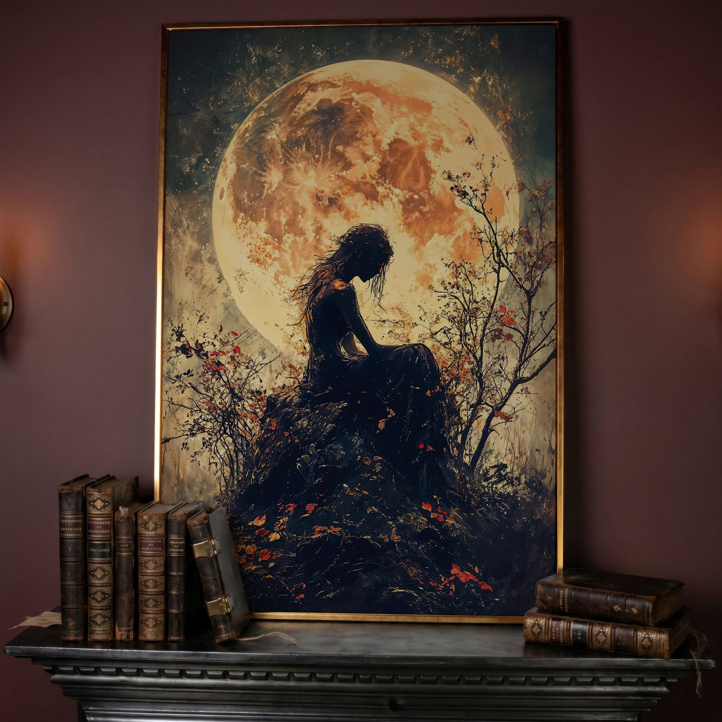 Moonlit Girl and Butterflies Silhouette Canvas Art in rose gold floating frame