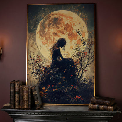 Moonlit Girl and Butterflies Silhouette Canvas Art in rose gold floating frame